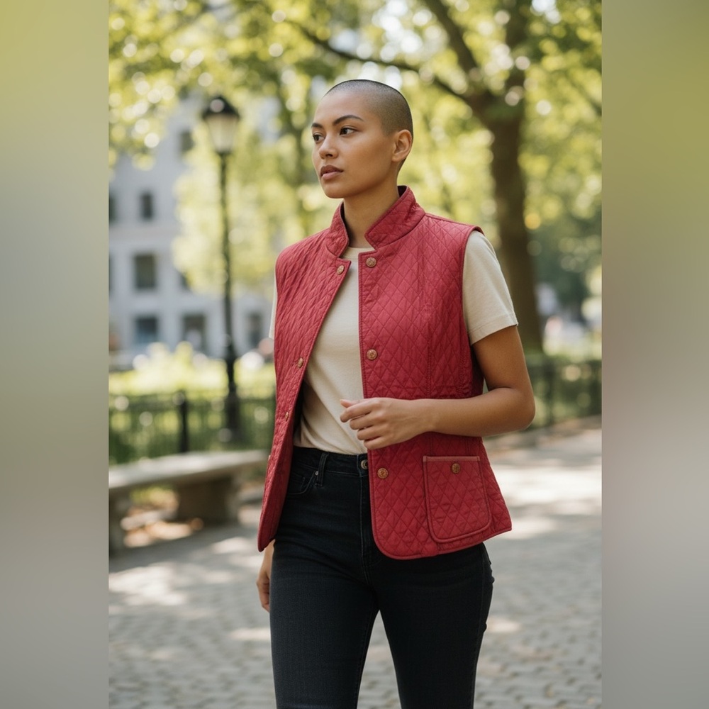 Talbots pink quilted vest with gold-tone buttons. Medium